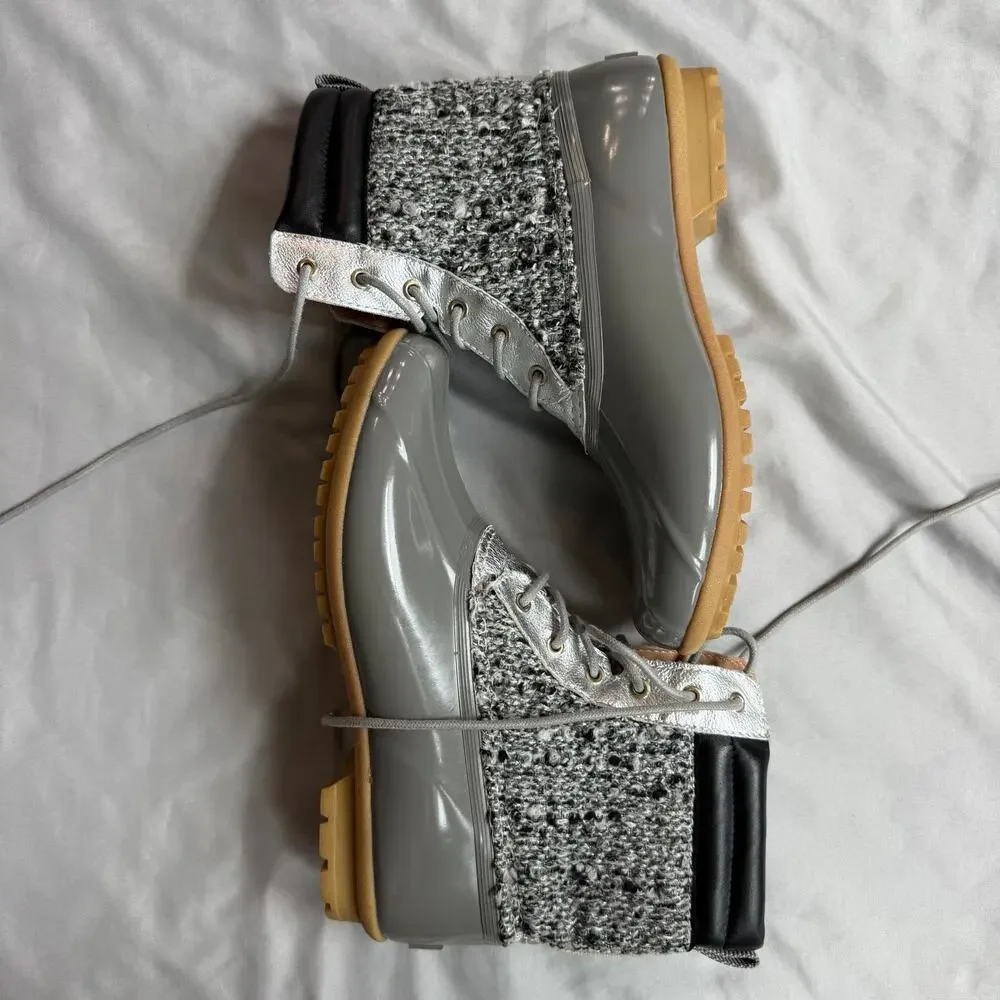 Sam Edelman Rain Boots Women's 8 Gray Silver Duck Boots Lace Up Tweed Waterproof